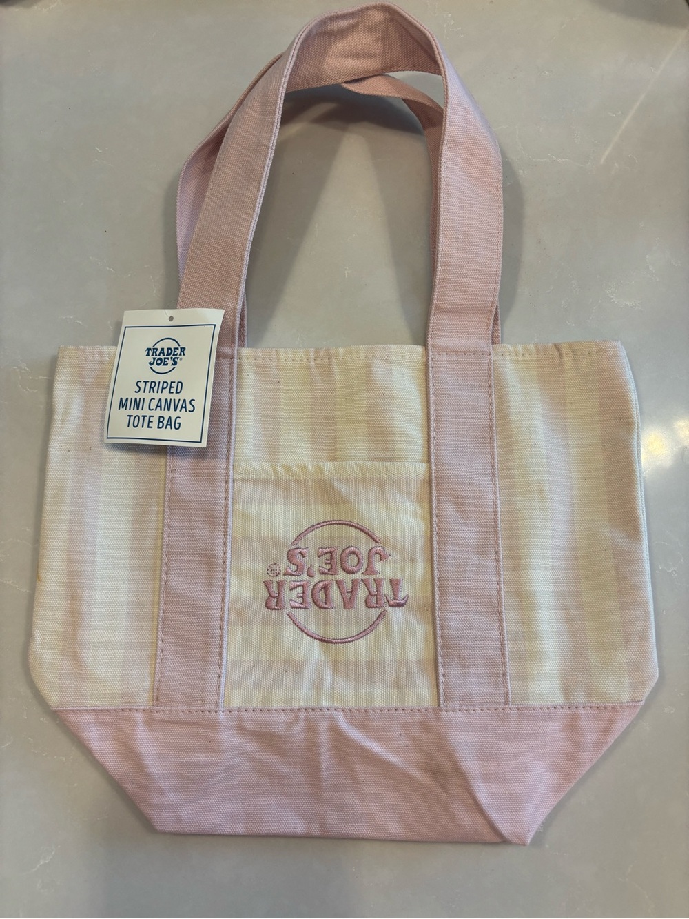 RARE MISPRINT - Trader Joe's Pink Striped Canvas Tote Bag - upside down logo